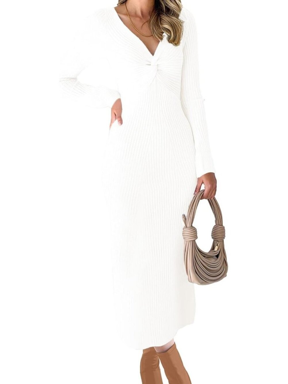 Chic Long Sleeve V-Neck Knit Bodycon Midi Sweater Dress for Women